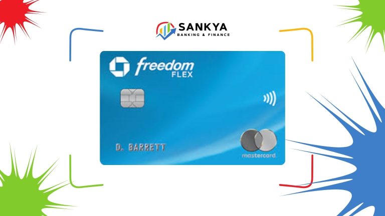 Image of a Chase Freedom Flex℠ credit card with a blue gradient design, silver Mastercard logo, and embedded chip. The card is surrounded by colorful abstract shapes and features the 'Sankya Banking & Finance' logo at the top.
