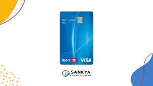 Image of a blue BMO Eclipse Rise Visa credit card, featuring a chip on the top right, with the BMO and Visa logos at the bottom, displayed above the Sankya Banking & Finance logo on a white background with decorative yellow and blue corner designs.