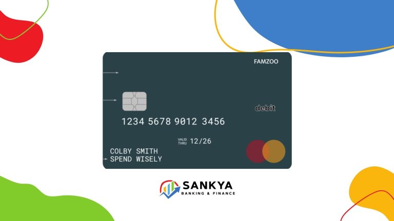 FamZoo Prepaid Card displayed in dark green with a chip, card number, and 'Spend Wisely' message, issued by Sankya Banking & Finance, shown on a white background with colorful abstract shapes.