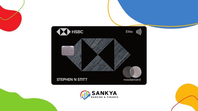 HSBC Elite® Mastercard® in sleek black design featuring chip, contactless symbol, and cardholder name, presented by Sankya Banking & Finance on a white background with colorful abstract shapes.
