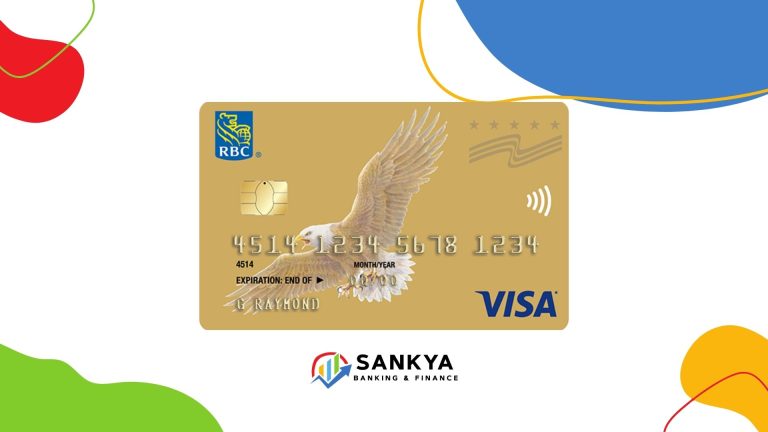 A digital promotional design featuring an RBC U.S. Dollar Visa Gold credit card with a gold background. The card showcases an embossed number, a chip, a contactless payment symbol, and an illustration of a bald eagle in flight. The RBC logo is positioned in the top left corner, and the Visa logo is on the bottom right. The background is white with colorful abstract shapes in red, blue, green, and yellow. Below the card, the 'Sankya Banking & Finance' logo is displayed in black with a multicolored graph icon.