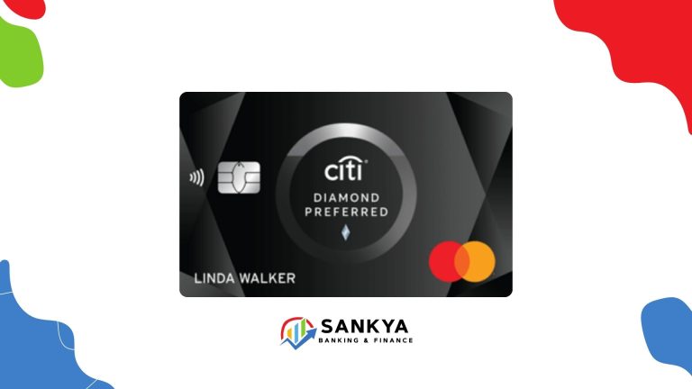 The image features a Citi Diamond Preferred Mastercard credit card with a sleek black design, contactless payment symbol, and the name "Linda Walker" printed on it. The card is positioned in the center with a "Sankya Banking & Finance" logo below it, which includes a colorful arrow and bar chart icon. The background is white with abstract red, green, and blue shapes in the corners.