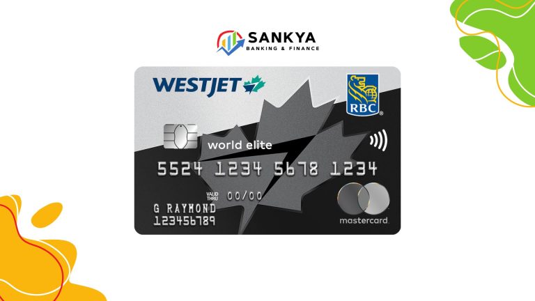 A digital promotional design featuring a WestJet RBC World Elite Mastercard with a sleek silver and black background. The card showcases a large embossed number, a chip, a contactless payment symbol, and the WestJet and RBC logos. A stylized maple leaf design is integrated into the background. The Mastercard logo is positioned in the bottom right corner. The background of the image is white with abstract colorful shapes in green, yellow, and orange. Above the card, the 'Sankya Banking & Finance' logo is displayed in black with a multicolored graph icon.