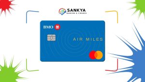 A vibrant image featuring the BMO AIR MILES®† Mastercard® in blue, displaying the BMO logo and the Air Miles branding. The card is set against a colorful background with dynamic shapes in red, green, blue, and yellow, making it visually striking. This image highlights the BMO AIR MILES®† Mastercard®, designed for earning Air Miles rewards on everyday purchases.