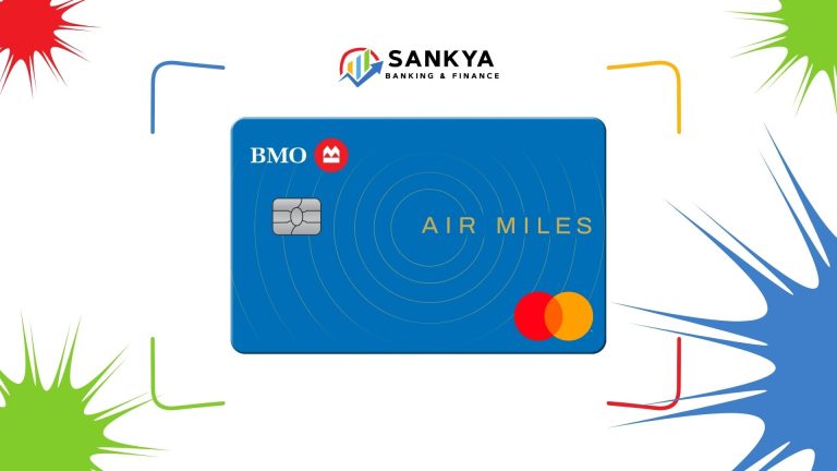 A vibrant image featuring the BMO AIR MILES®† Mastercard® in blue, displaying the BMO logo and the Air Miles branding. The card is set against a colorful background with dynamic shapes in red, green, blue, and yellow, making it visually striking. This image highlights the BMO AIR MILES®† Mastercard®, designed for earning Air Miles rewards on everyday purchases.