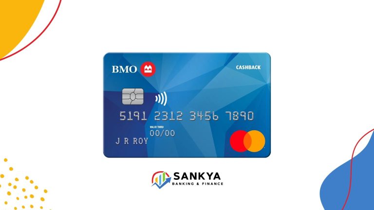 A BMO CashBack® Mastercard® credit card with a geometric blue background is displayed at the center. The card features embossed numbers, the name "J R Roy," and a contactless chip. The Mastercard logo appears in the bottom right. The background is white with colorful abstract shapes, and the Sankya Banking & Finance logo is centered below the card.