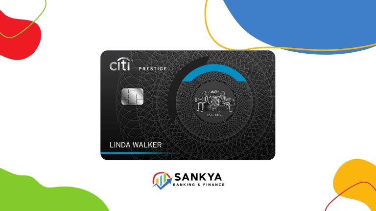A Citi Prestige credit card featuring an intricate circular design and a central emblem marked "Est. 1812" is displayed prominently. The name "Linda Walker" appears at the bottom. The background includes colorful abstract shapes, and the Sankya Banking & Finance logo is centered below the card.