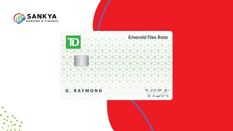 A TD Emerald Flex Rate Visa Card featuring a white background with a green geometric pattern is displayed in the center. The card shows the name "G. Raymond" and includes a chip and Visa logo. The background includes red, green, and blue abstract shapes, with the Sankya Banking & Finance logo in the top left corner.