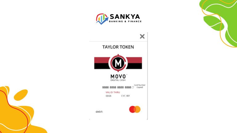 Illustration of a MOVO® Digital CASH Card® issued to "Taylor Token", displayed under the Sankya Banking & Finance logo, featuring Mastercard and debit labels with a digital card layout.