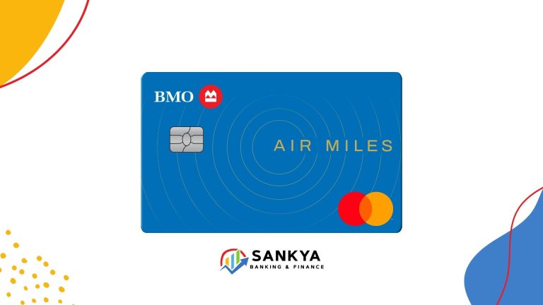 Illustration of the Student BMO AIR MILES®† Mastercard® showing a blue card with the AIR MILES logo, BMO and Mastercard symbols, positioned above the Sankya Banking & Finance branding on a white background with decorative color accents.