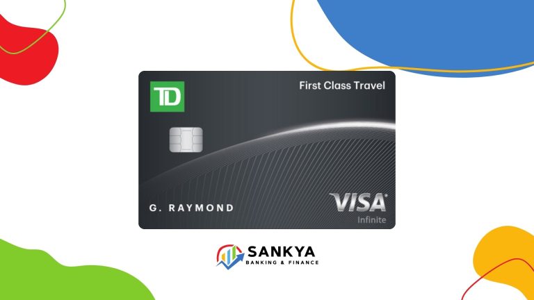 TD First Class Travel® Visa Infinite Card displayed against a clean, colorful background, featuring a sleek black design with the cardholder name 'G. Raymond', Visa Infinite branding, and the Sankya Banking & Finance logo below.