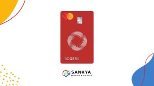 Red Rogers Mastercard with a sleek circular logo design, displayed above the Sankya Banking & Finance branding on a clean white background.