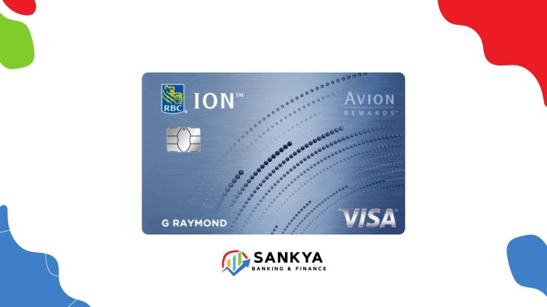 RBC ION Visa credit card with a sleek blue design featuring the Avion Rewards logo, displayed above the Sankya Banking & Finance branding.