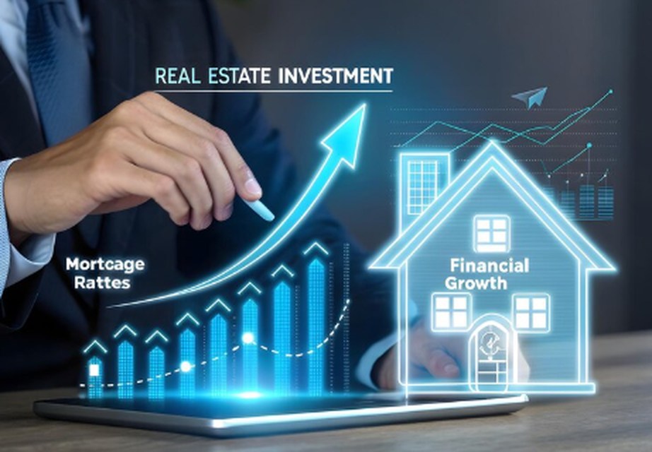 Businessman analyzing digital charts related to real estate investment, with icons representing financial growth and mortgage rates, symbolizing the evolving opportunities in REITs across emerging sectors.