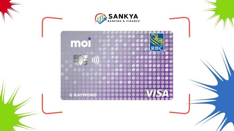 Image of the moi RBC Visa credit card featuring a modern purple dotted design, with the RBC and Visa logos, presented under the Sankya Banking & Finance brand.