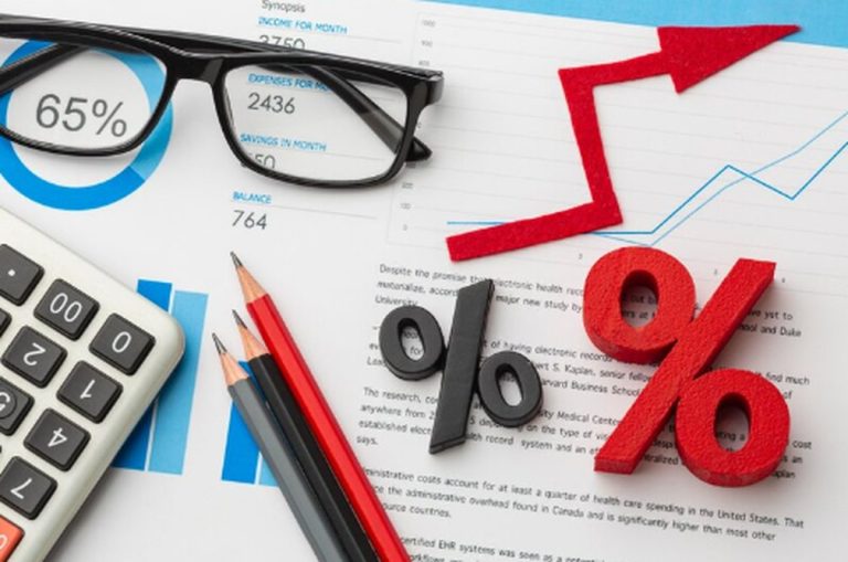 Financial workspace with calculator, pencils, glasses, percentage symbols, and charts illustrating interest rate trends related to the Federal Reserve’s monetary policy decisions.