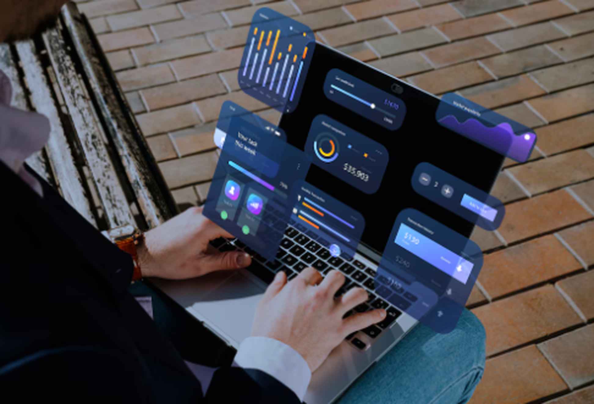 A person working on a laptop outdoors with futuristic financial dashboards projected above the screen, symbolizing the rise of automated investments and digital portfolio management in 2025.