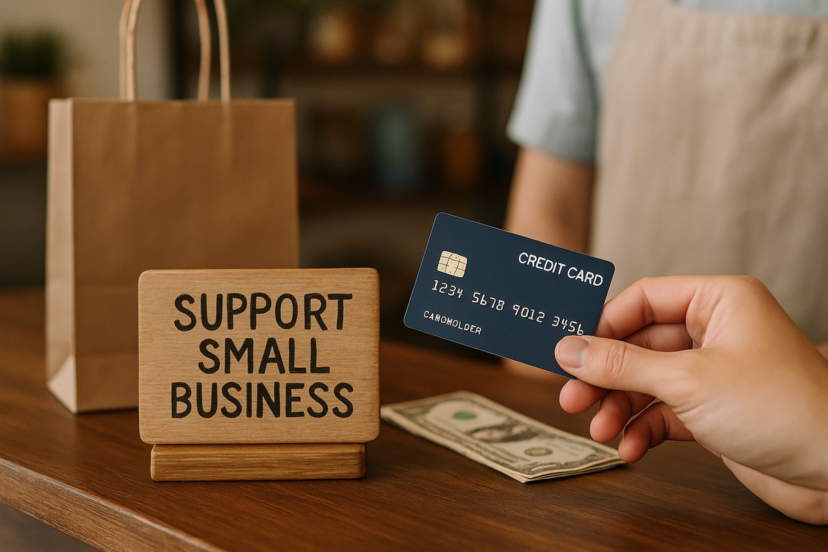A close-up scene inside a small local store showing a hand holding a dark blue credit card toward a cashier wearing a light apron. On the wooden counter, there is a small wooden sign displaying a supportive message for small businesses, a paper shopping bag in the background, and a few dollar bills laid flat. The environment has warm lighting and a soft, blurred backdrop, emphasizing the act of using a credit card to support local commerce.