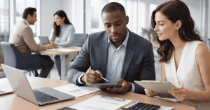 Financial advisor reviewing reports with a client at a modern office desk, discussing personal finances using tablet, laptop, and documents