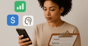 Woman reviewing a budget on her phone and clipboard with finance app icons floating beside her, highlighting personal finances planning and money management.