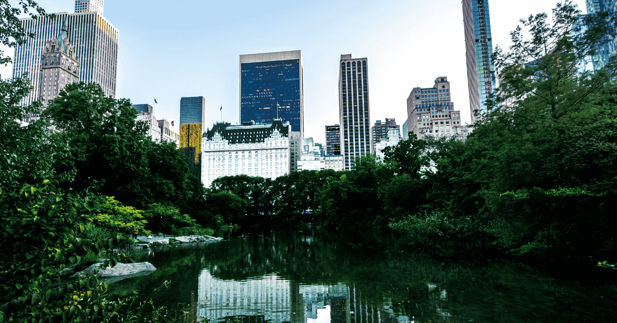 View of Central Park’s lake reflecting New York City skyscrapers, symbolizing urban growth and sustainable investments