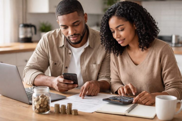 Couple reviewing bills and budgeting finances at home