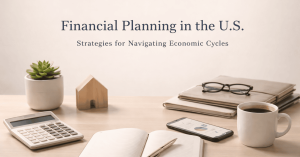 Financial planning workspace with calculator, notebook, smartphone, coffee cup, and home model, illustrating personal finances strategies in the United States.