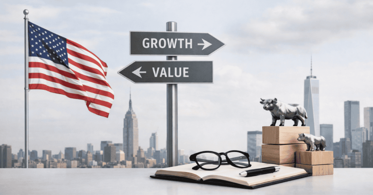 U.S. flag and city skyline in the background with a signpost pointing to “Growth” and “Value,” alongside bull and bear figures on stacked blocks, symbolizing strategic investments choices in the American market.