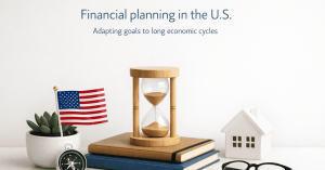 Image illustrating financial planning in the U.S., with an hourglass placed on top of stacked books, symbolizing long-term economic cycles and time-based decision-making. A small U.S. flag sits in a plant pot beside a compass, while a white model house and a pair of eyeglasses rest on the table.