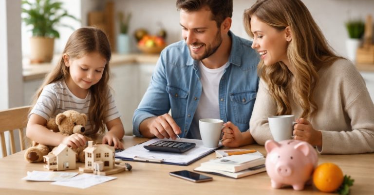 Family in the United States reviewing finances at home, using calculator and discussing expenses, with piggy bank and Cartão de Crédito on the table.