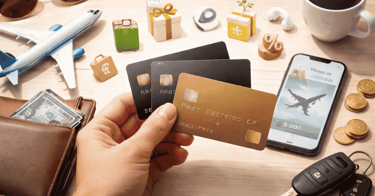 Hand holding multiple credit cards over a desk with a smartphone displaying a travel booking app, cash in a wallet, coins, and car keys nearby. Small travel-themed items such as a model airplane, suitcase icons, and gift boxes surround the scene, symbolizing credit card rewards, travel benefits, cashback offers, and everyday spending in the United States.