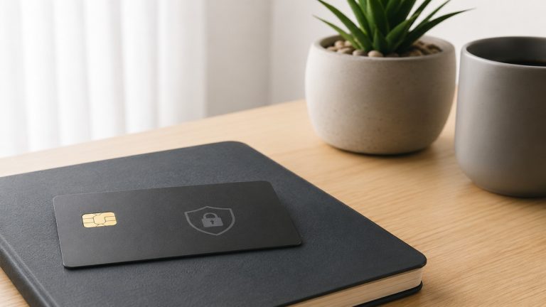 The image visually represents the concept of financial recovery and trust rebuilding through a clean and minimalist composition. A sleek black credit card placed over a dark notebook symbolizes security, responsibility, and controlled financial management, while the soft lighting and organized workspace create a sense of stability, professionalism, and confidence.